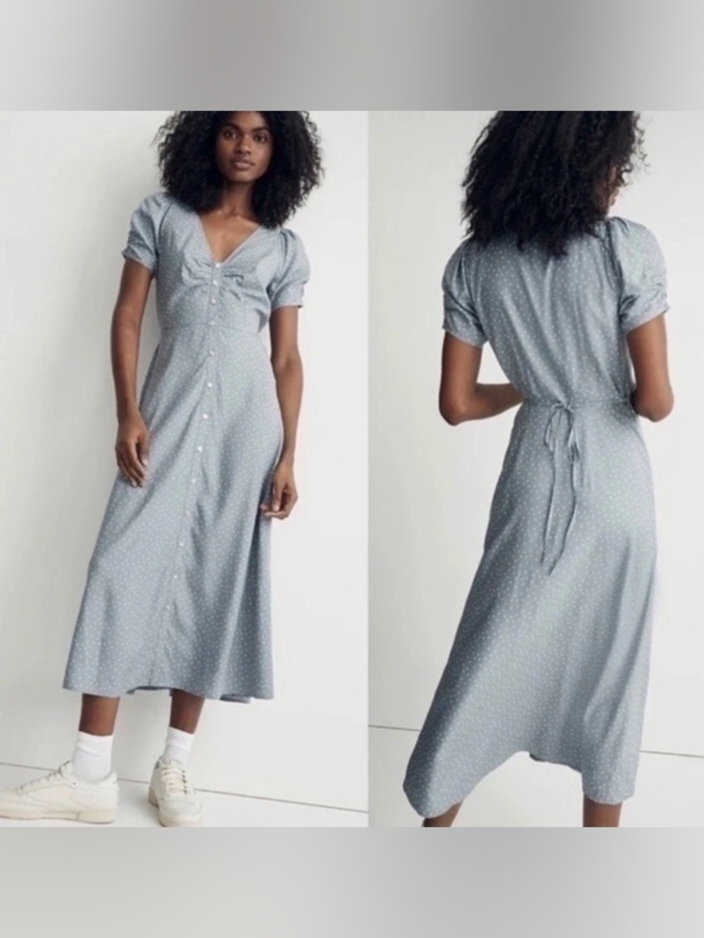 Madewell Leedra Light Blue Button Front Midi Dress in Dot Size 14